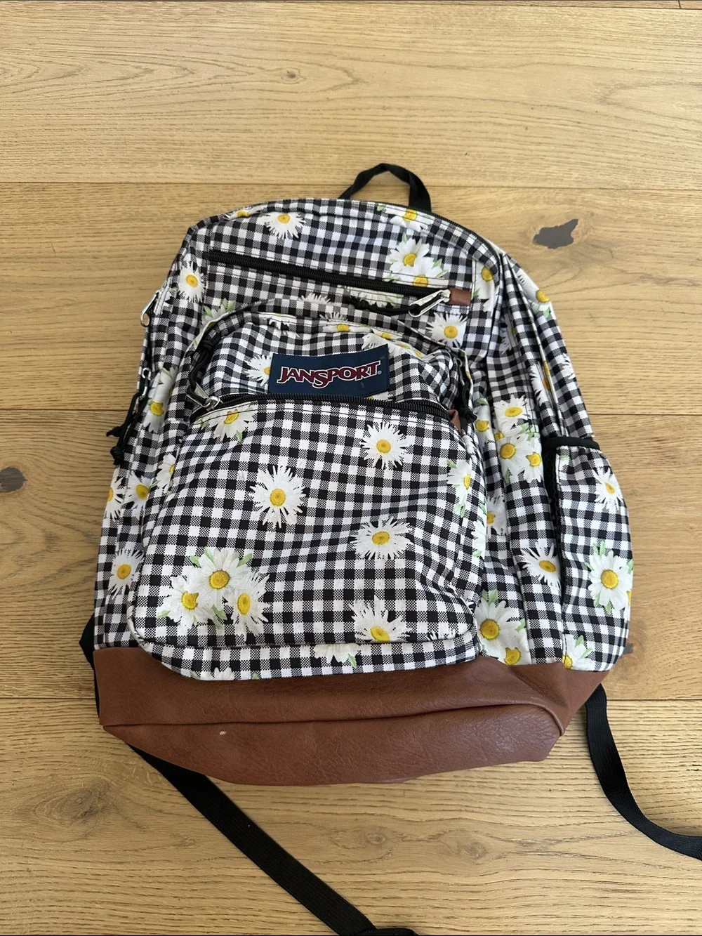 JanSport Black Gingham Daisy Print Backpack